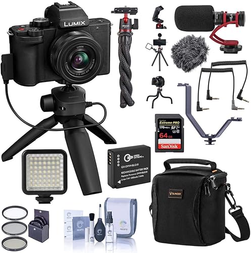 Panasonic Lumix DC-G100 Cámara sin espejo negro con lente de 0.472-1.260in y trípodeGrip Audio Bundle con micrófono, luz LED, tarjeta SD de 64 GB,