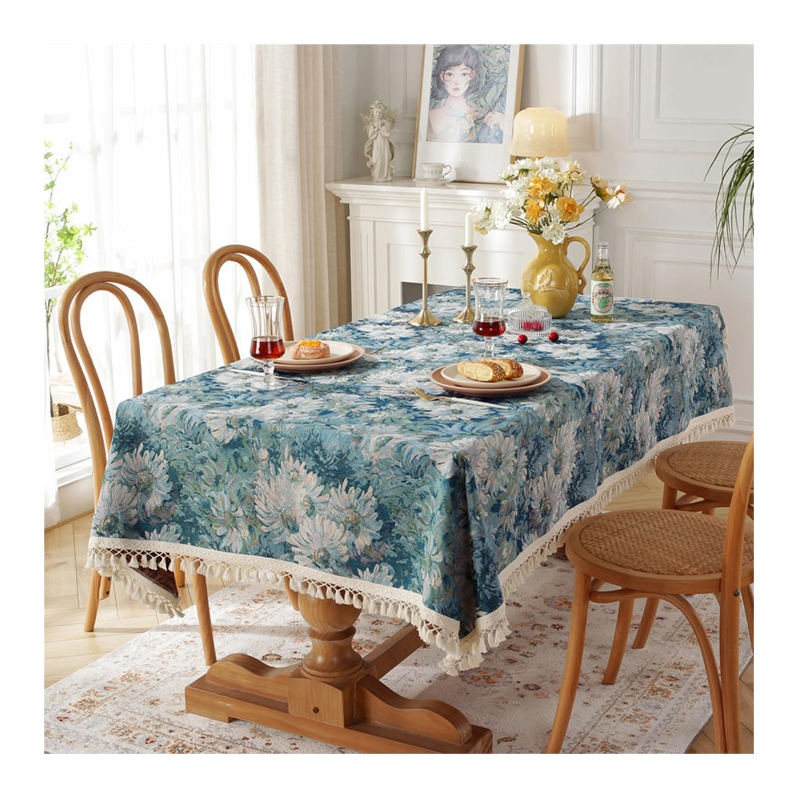 Nappe bleu marguerite jacquard 140x300cm pour souvenirs heureux