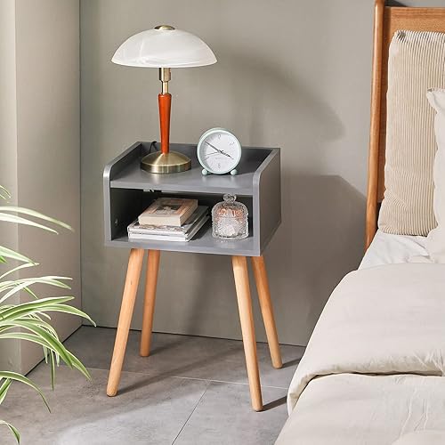 Miniatura 7 de IBUYKE Mesita de noche, mesa de noche moderna de mediados de siglo con patas de madera maciza, mesa auxiliar minimalista y práctica con estante de