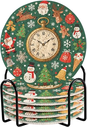 Merry Christmas Vintage Pocket Watch Green Coasters Absorbant Set with Holder 6 Pack Drink Coasters for Home Posavasos para Mesa