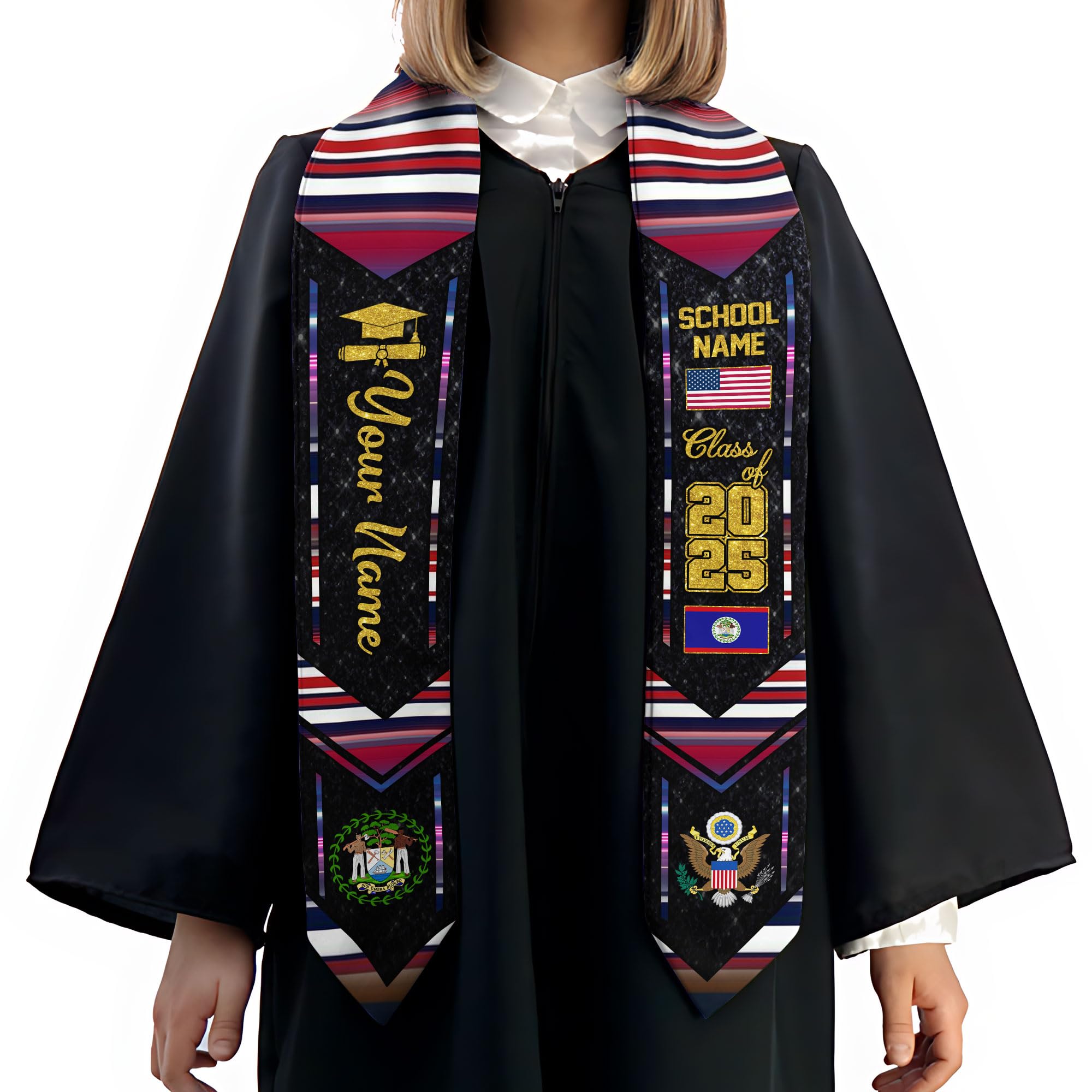 MonkeyVan Personalized Belize Graduation Stole, Belize Graduation Sash, Belizean Flag Graduation 2025 Stole, Class of 2025 Bl4