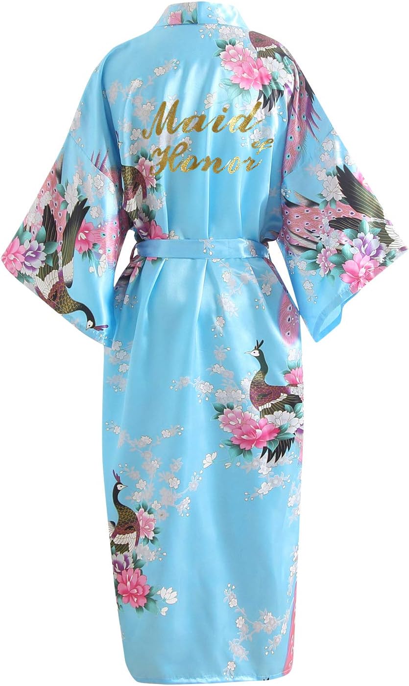 Glitter Bride Bridesmaid Robes Dressing Gown Kimono, Womens Satin Party Peacock Blossoms Bathrobe Nightdress Nightgown Nightwear Wedding