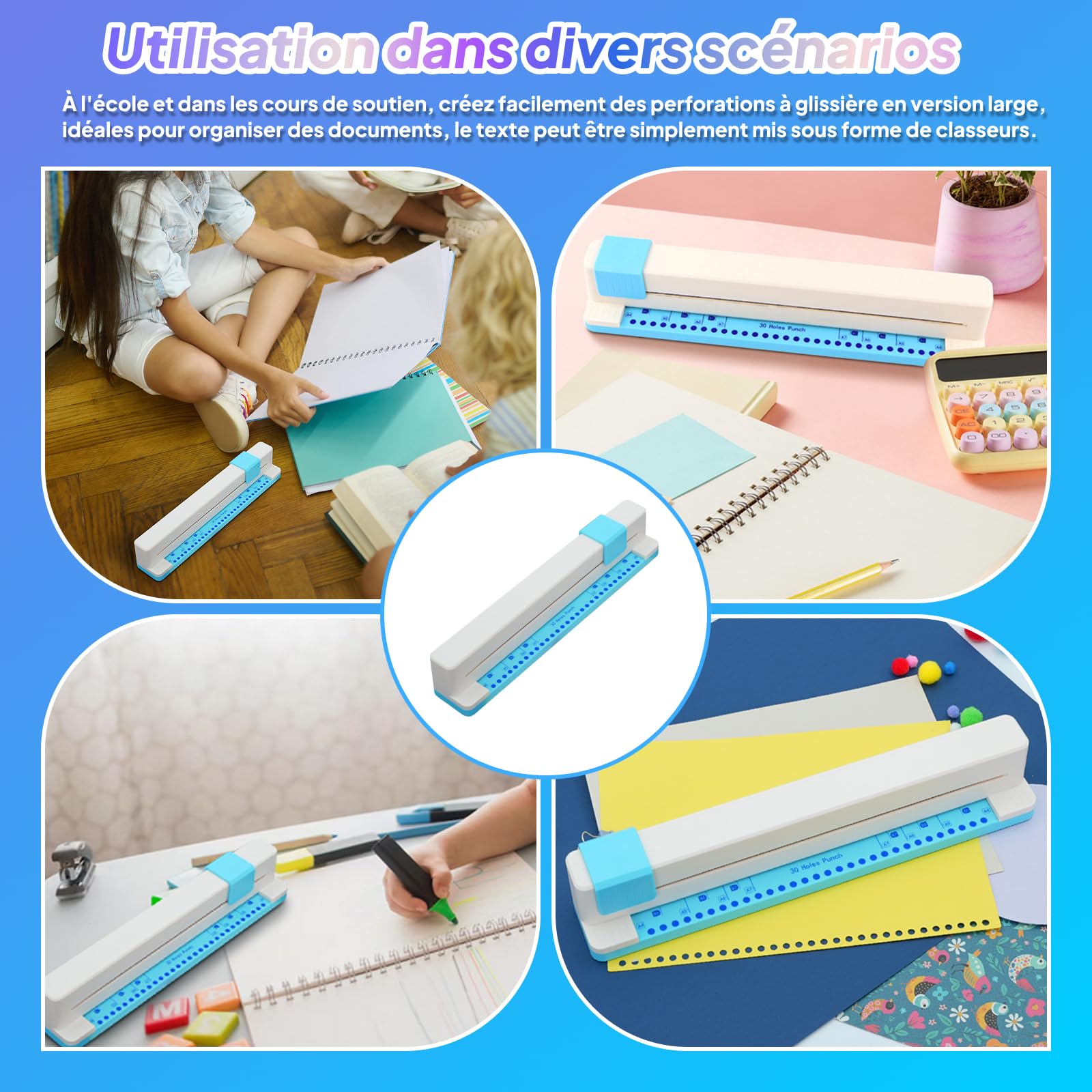 MagiDeal Perforatrice à Papier 30 Trous, Perforatrice Manuelle Réglable Perforatrice de Bureau, Base Antidérapante, Fournitures de Bureau, pour Feuilles Mobiles A4 B5 A5, Papier Artisanat