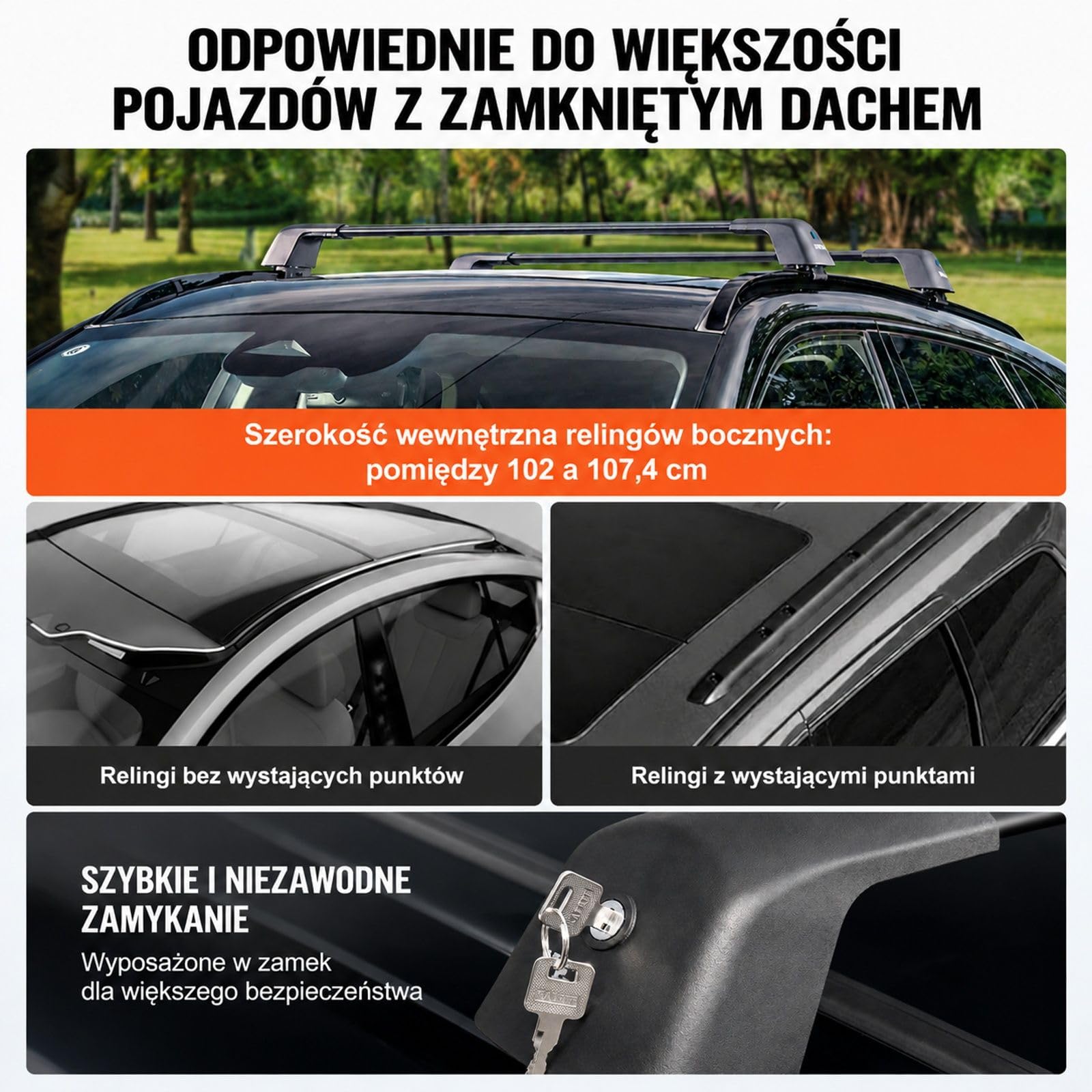 Uniwersalne aluminiowe belki dachowe, 2 sztuki, czarne, do aut z podniesionymi relingami i bagażem podróżnym