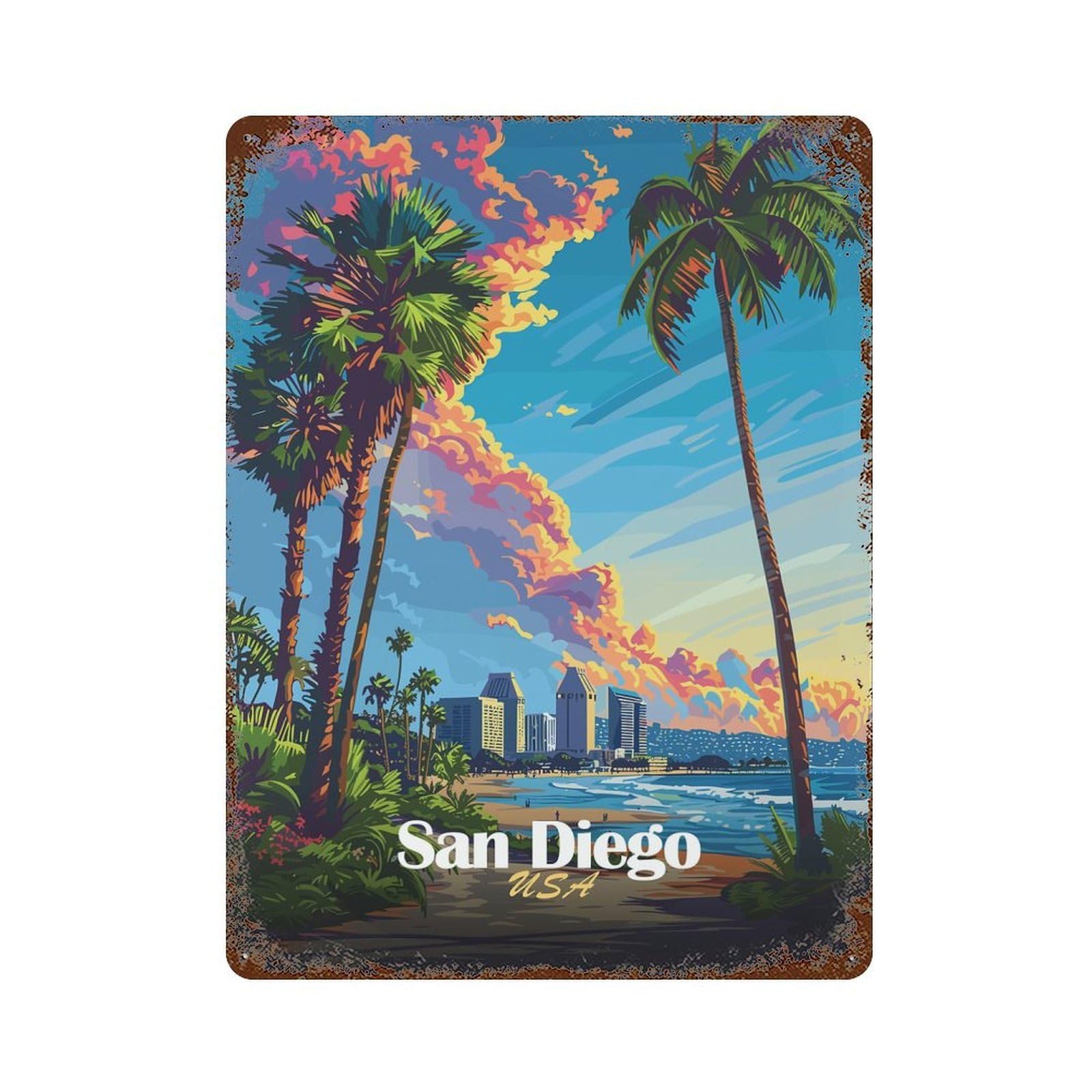 Rust Effect San Diego Sunset Weathered Tin Sign 15.7"x11.8", Novelty Wall Decor for Office, Studio And Wall Decor