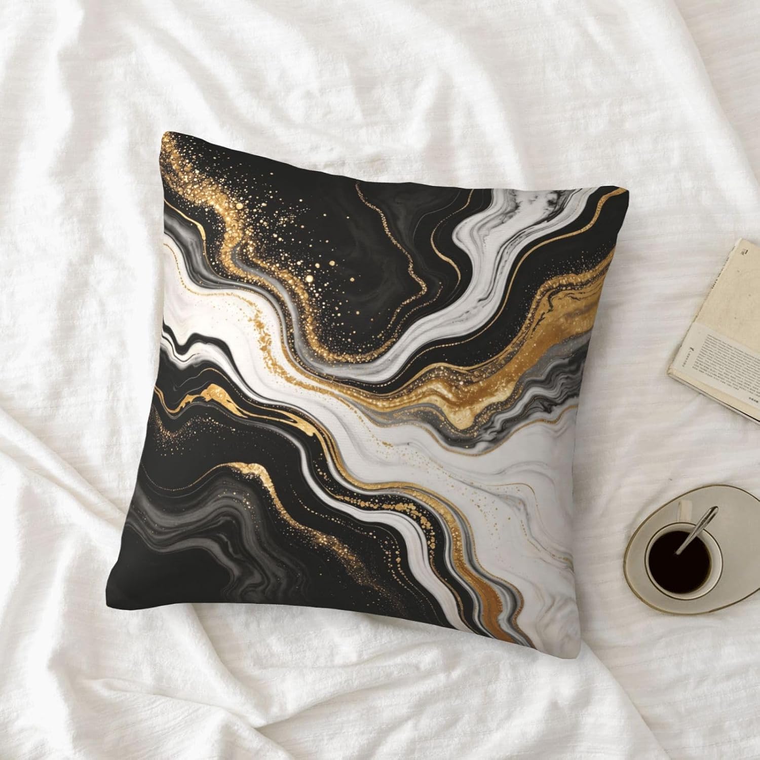 Lcokin Marble Black and Gold Throw Pillow Covers 18x18 in Set of 2, Decor Black Grey Pillow Case Square Cushion Covers for Sofa Bed Couch Living Room image 4
