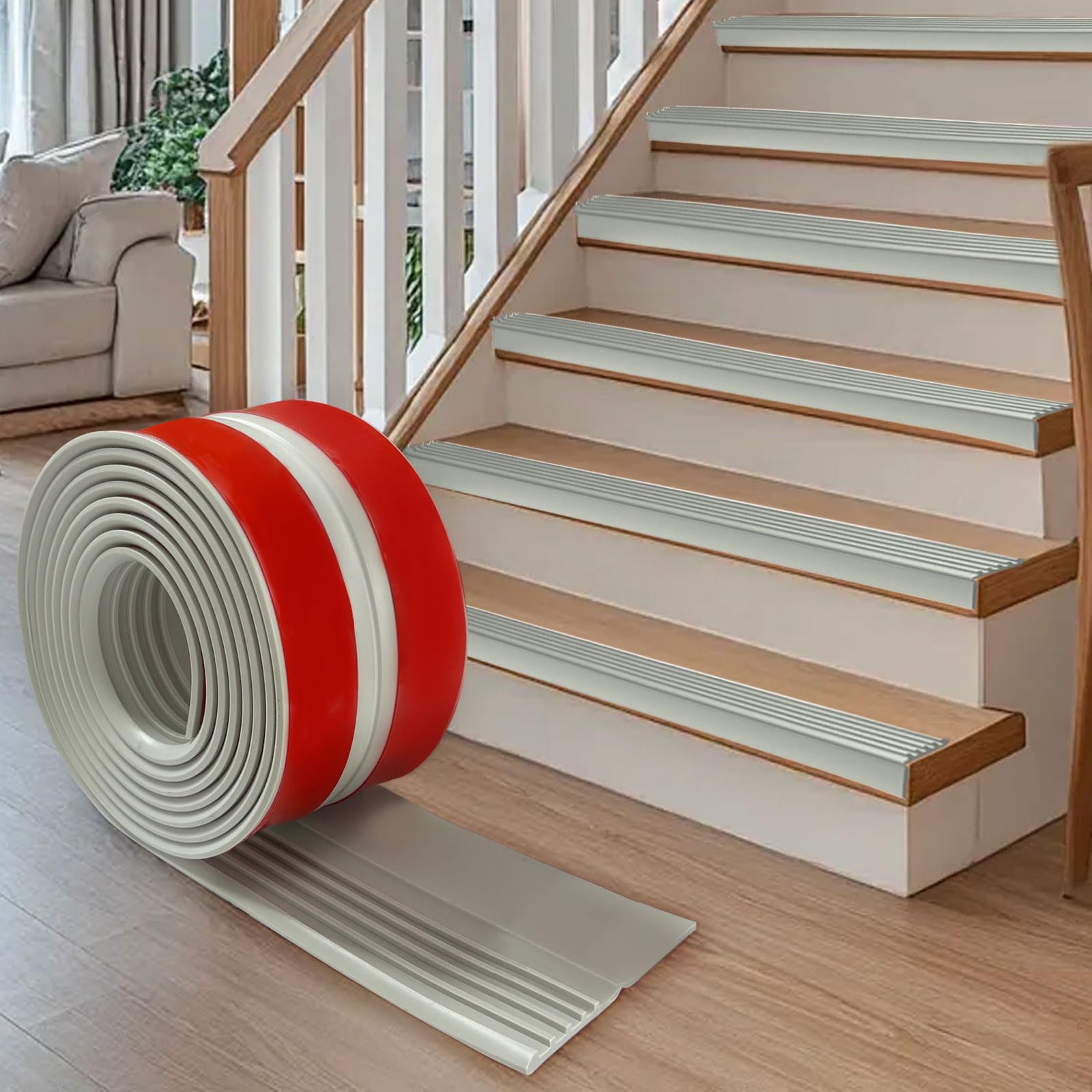 Stair Anti-Slip Nosing, 500x9.5cm Self-Adhesive Flexible Rubber Edge Trim Protector, Non Slip Treads for Indoor & Outdoor Uses Steps, Waterproof & Wear-Resistant