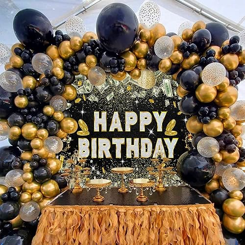 Miniatura 3 de Telón de fondo de cumpleaños de 5 x 3 pies, color negro y dorado con purpurina, fondo champán, casino de dinero 16, 18, para niños, niñas,