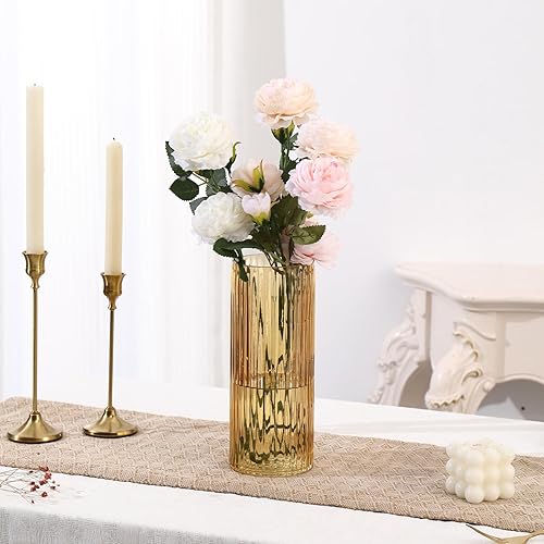 Miniatura 3 de Jarrón redondo de vidrio, florero de cristal, florero de vidrio acanalado, jarrón corto de vidrio, florero de vidrio ámbar para tulipanes, moderno