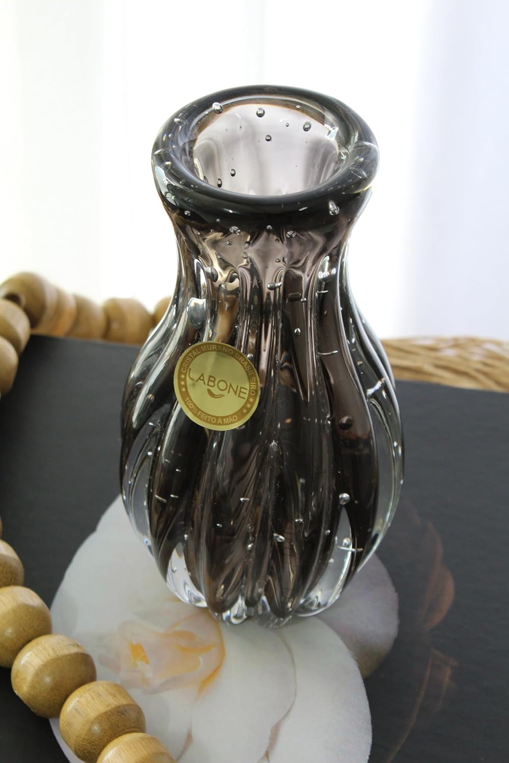 Blown Glass Vase, Model Sorrento (Black) | Hand-Blown Murano-Style Brazilian Art Glass Centerpiece | Elegant Home or Office Decor | Wedding Gift Table Display | by Cristais Labone