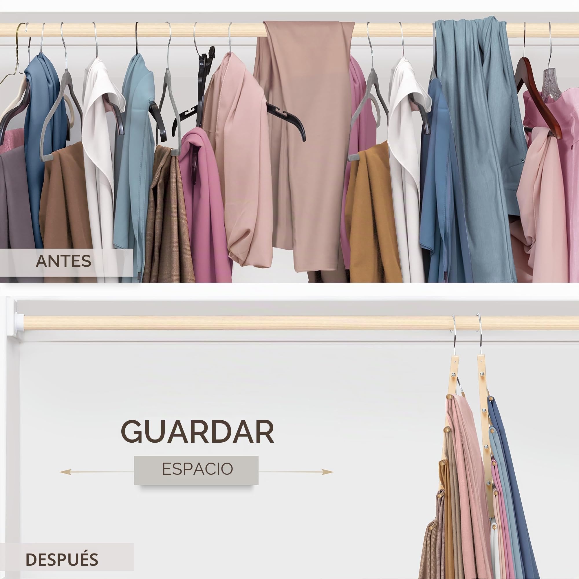 MORALVE - Paquete de 2 perchas para pantalones de madera de haya europea - Ahorrador de espacio para vaqueros y bufandas - Organizador de armario y portapantalones, porta leggings y porta bufanda con