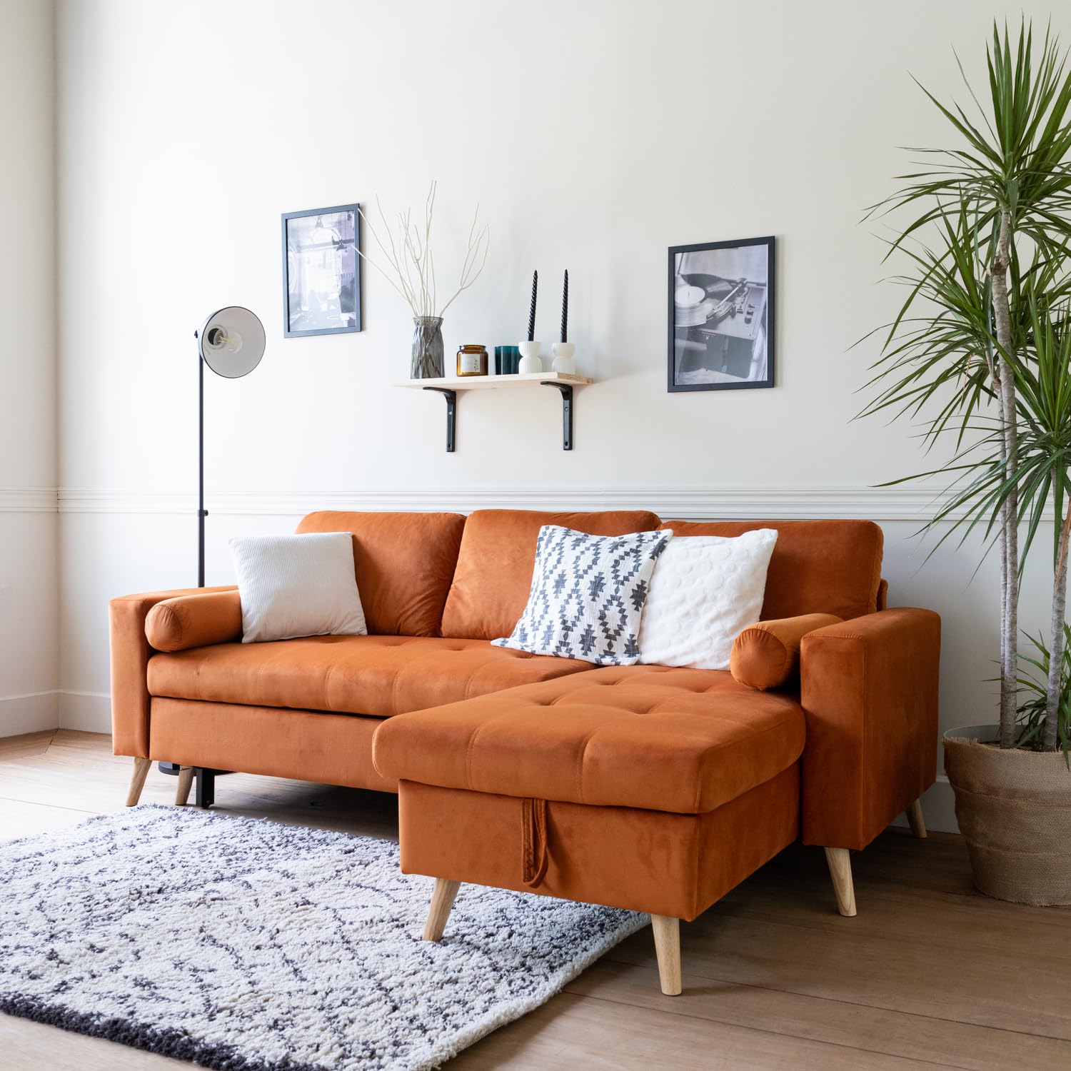 Happy Garden Canapé d'angle Convertible James 3 Places en Velours Terracotta. Canapé au Style scandinave avec méridienne réversible et Coffre de Rangement.