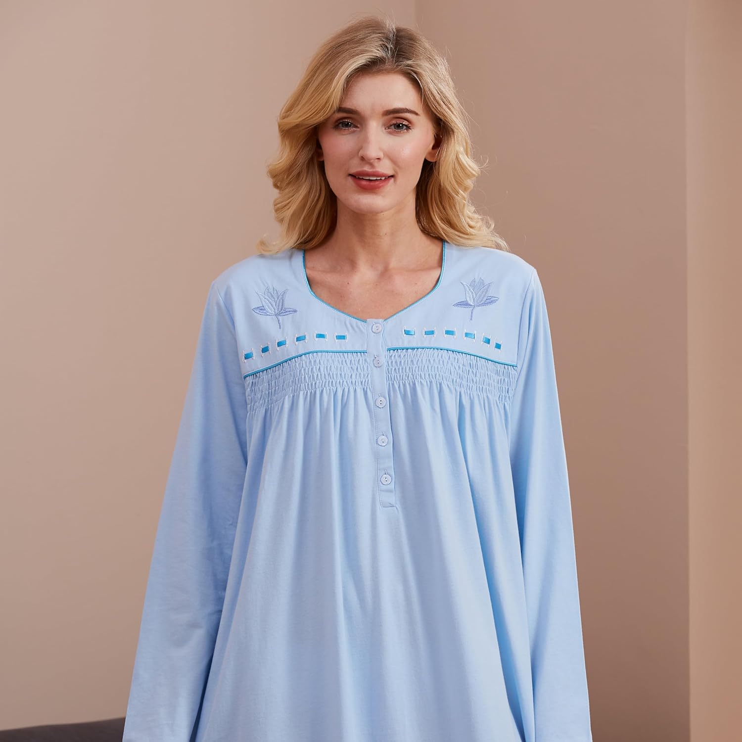 Keyocean Nightgowns for Women, Soft Cotton Comfy Lightweight Embroidered Long-sleeve Nightdress - Image 5