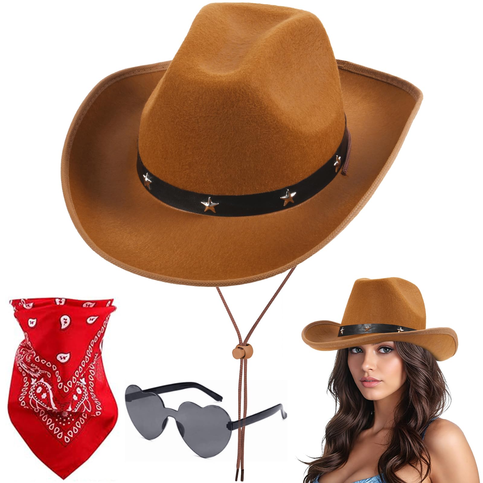 Aomig CowboyHut Damen Herren Fashion Westernhut Cowboyhüte Cowgrilhut Rockstar Randlose Hippie Herzförmige Brille Halstuch Wilder Westen Party Brillen Geburtstagsfeier Fasching Karneval Kostüm Party-A