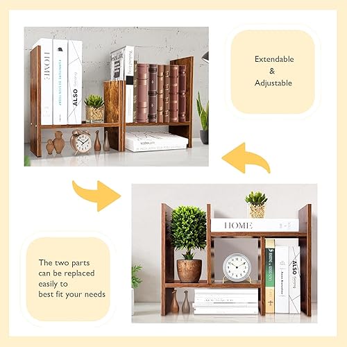 Miniatura 5 de BROWN-BROWN Estante de escritorio ajustable de madera organizador de escritorio multiusos para oficina, hogar, estante de exhibición, mini