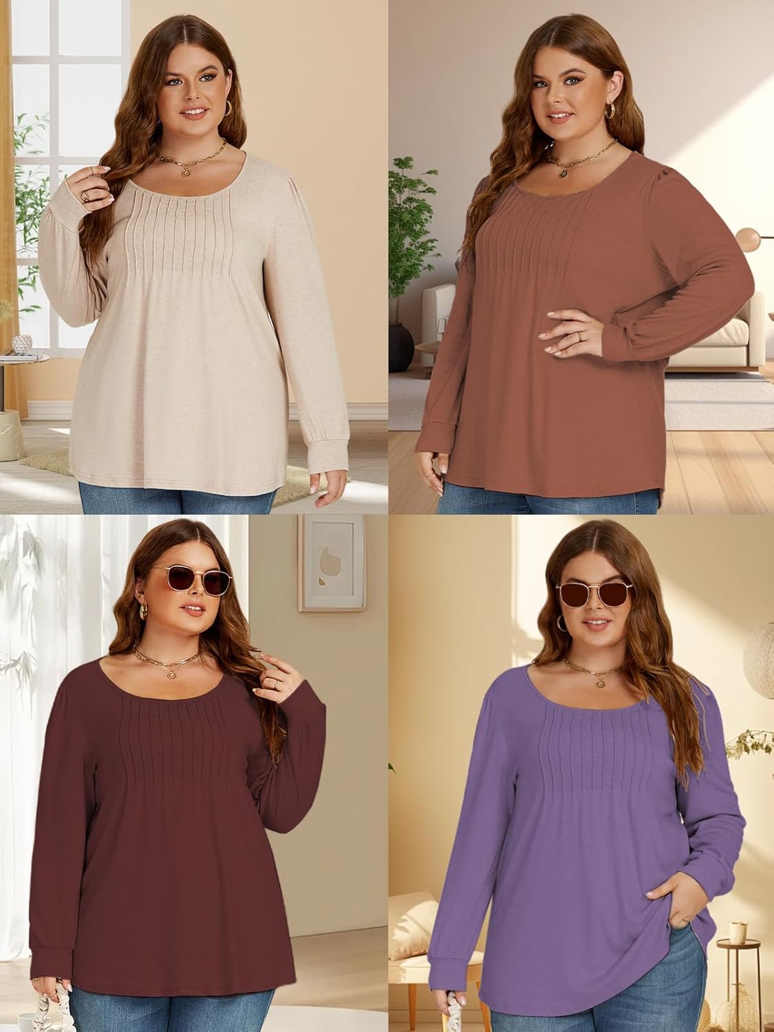 VISLILY Womens-Plus-Size-Dressy-Tops Trendy Puff Long Sleeve Shirts Cute Flowy Pleated Blouses Casual Crewneck Tunics XL-5XL - Image 5