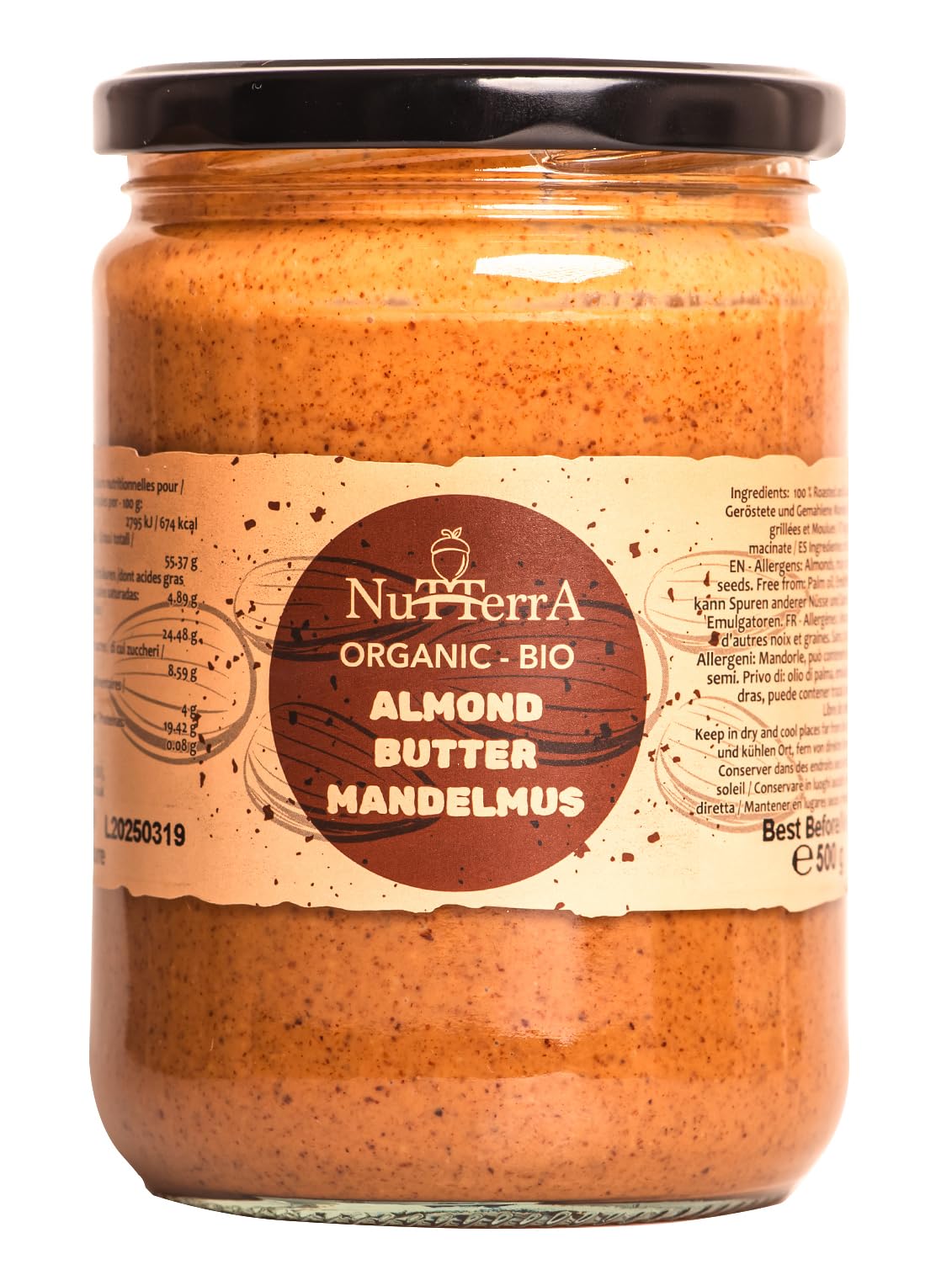 Nutterra - Bio-Mandelmus 500 g – Zart und Cremig, ohne Zuckerzusatz, gentechnikfrei, glutenfrei, ohne Zusatz- und Konservierungsstoffe