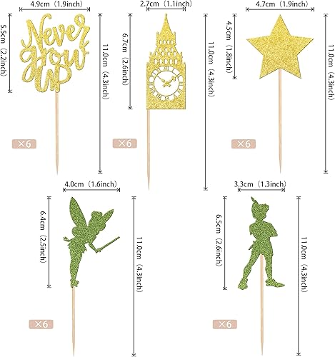 Miniatura 2 de 30 piezas de decoración para cupcakes Never Grow Up con purpurina de Neverland Peter Pan para reloj, torre, palillos para cupcakes, cuentos de feria