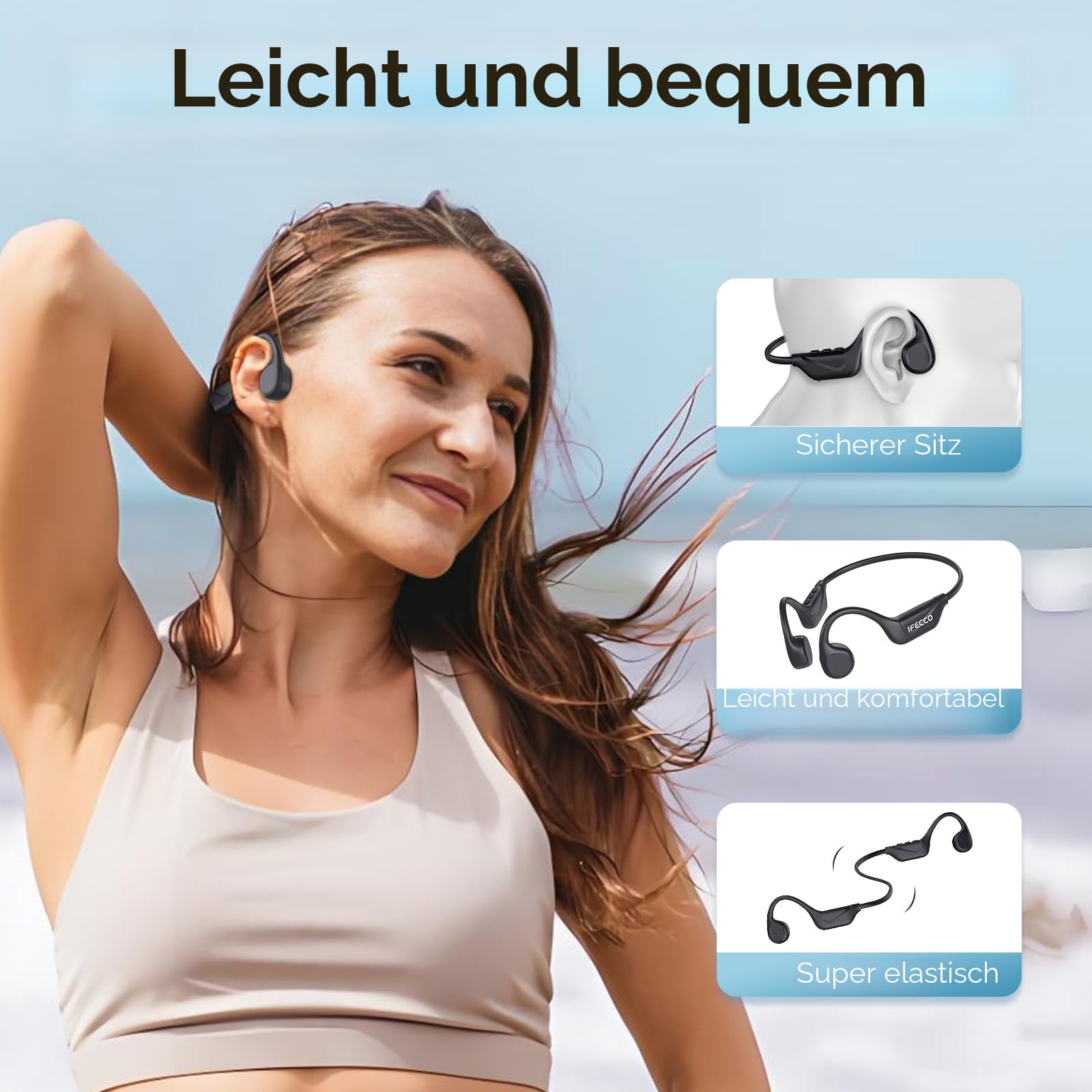 IFECCO Knochenschall Kopfhörer Bluetooth 6.2 - Open Ear Bone Conduction Kopfhörer Kabellos,IPX5 wasserdichte Schweißfeste Knochenschall Headset,Sport Kopfhörer für Läufer Radfahren Fahrrad