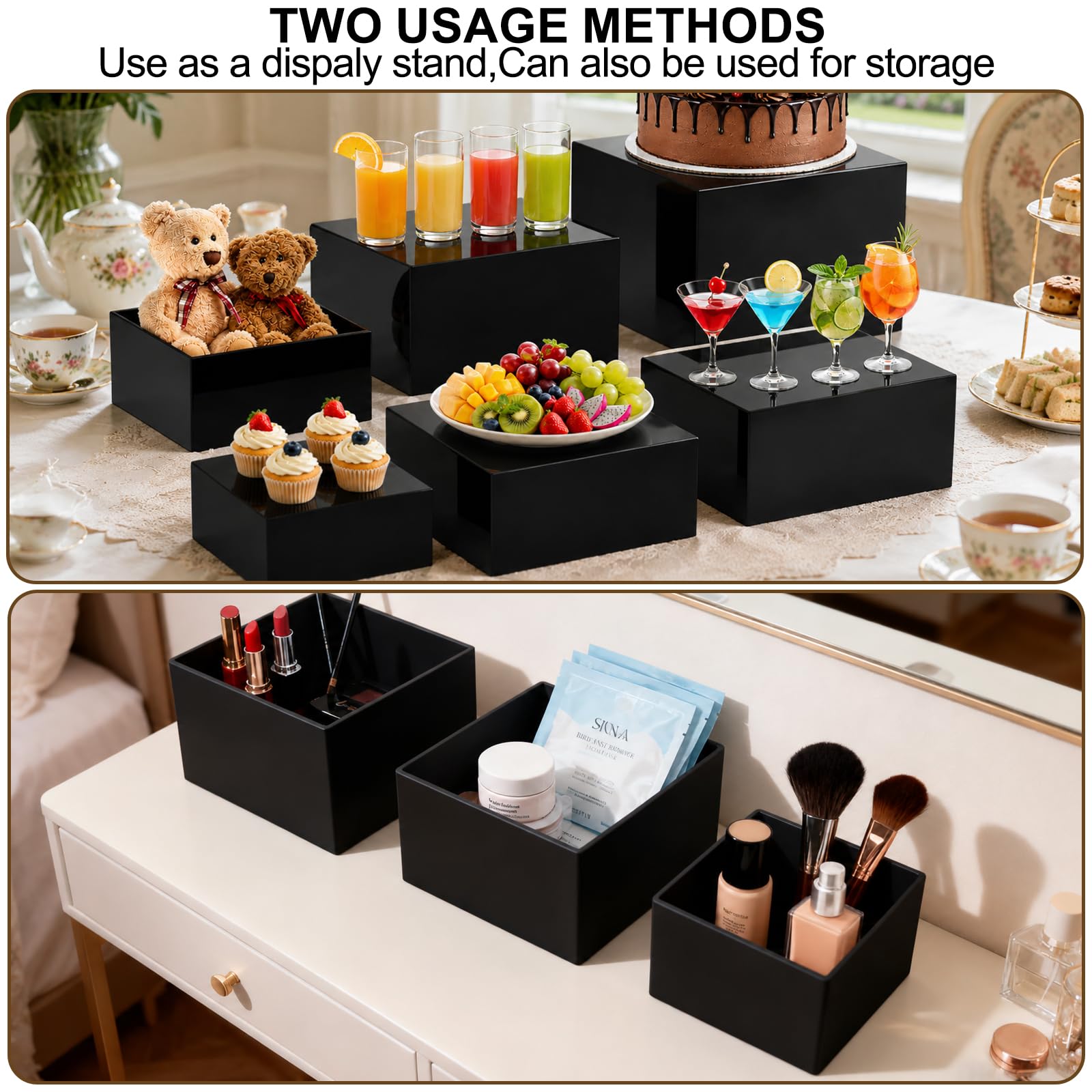 6 soportes de exhibición negros para alimentos y pasteles, elevadores de bufé, cajas de exhibición acrílicas, soportes de postre para exhibición de mesa de buffet, torre de cupcakes, soporte