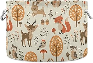 Large Round Storage Basket,Autumn Forest Jungle Animal Fox Deer RabbitToy Basket Nursery Bins & Boxes Laundry Hamper for Bathroom/Bedroom/Home Decor