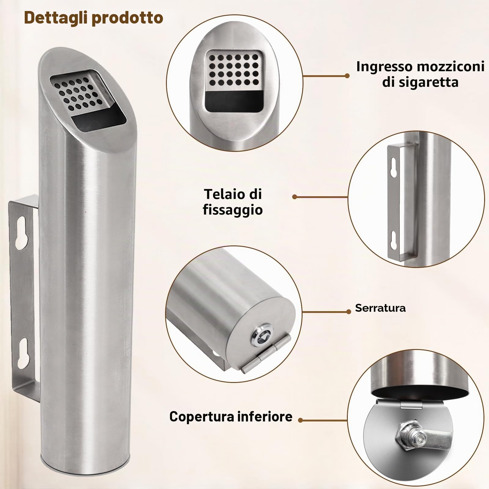 Posacenere da Parete in Acciaio Inox 2 Pezzi, Cenereio Rotondo da Esterno di Facile Pulizia, Ideale per Balcone, Giardino, Hotel, Ufficio, Ristorante (Argento)