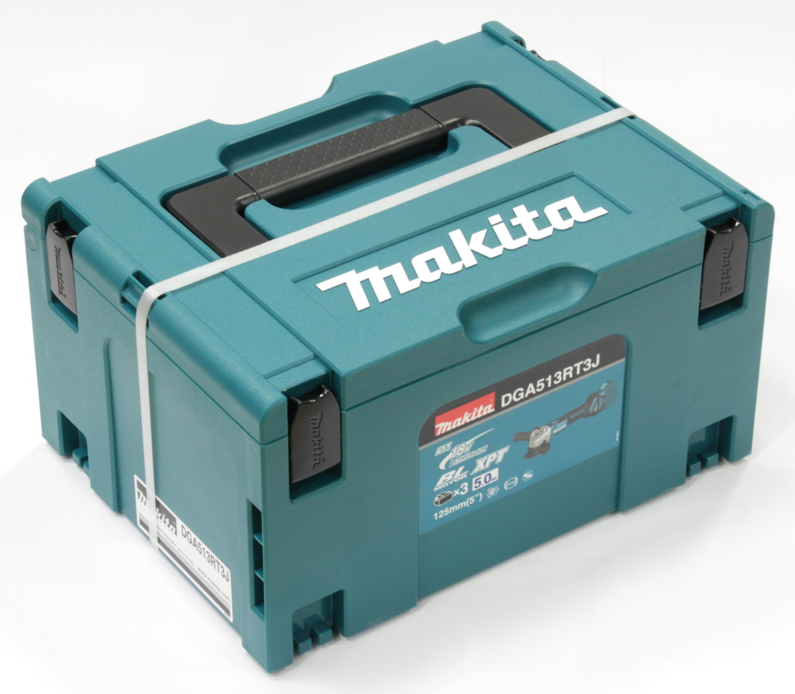 Makita DGA513RT3J akumulatorowa szlifierka kątowa 18 V z szybką ładowarką DC18RC, 3 x akumulatory 5,0 Ah w MAKPAC rozm. 3