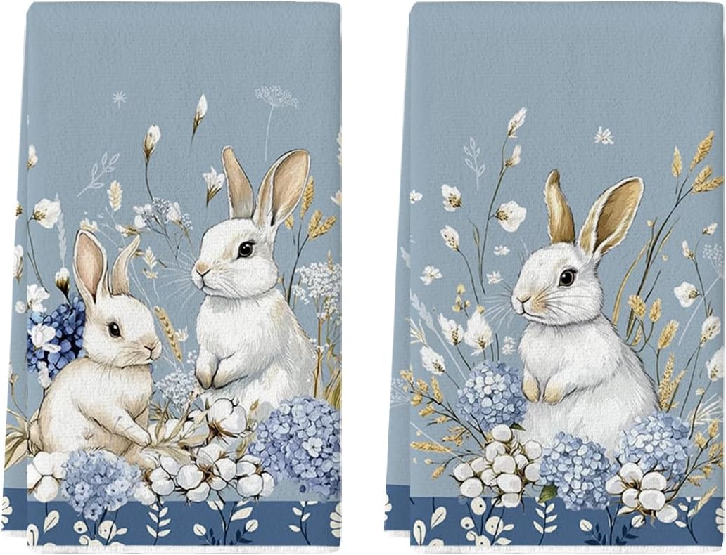 Bunny Hydrangea Easter Kitchen Towels Dish Towels