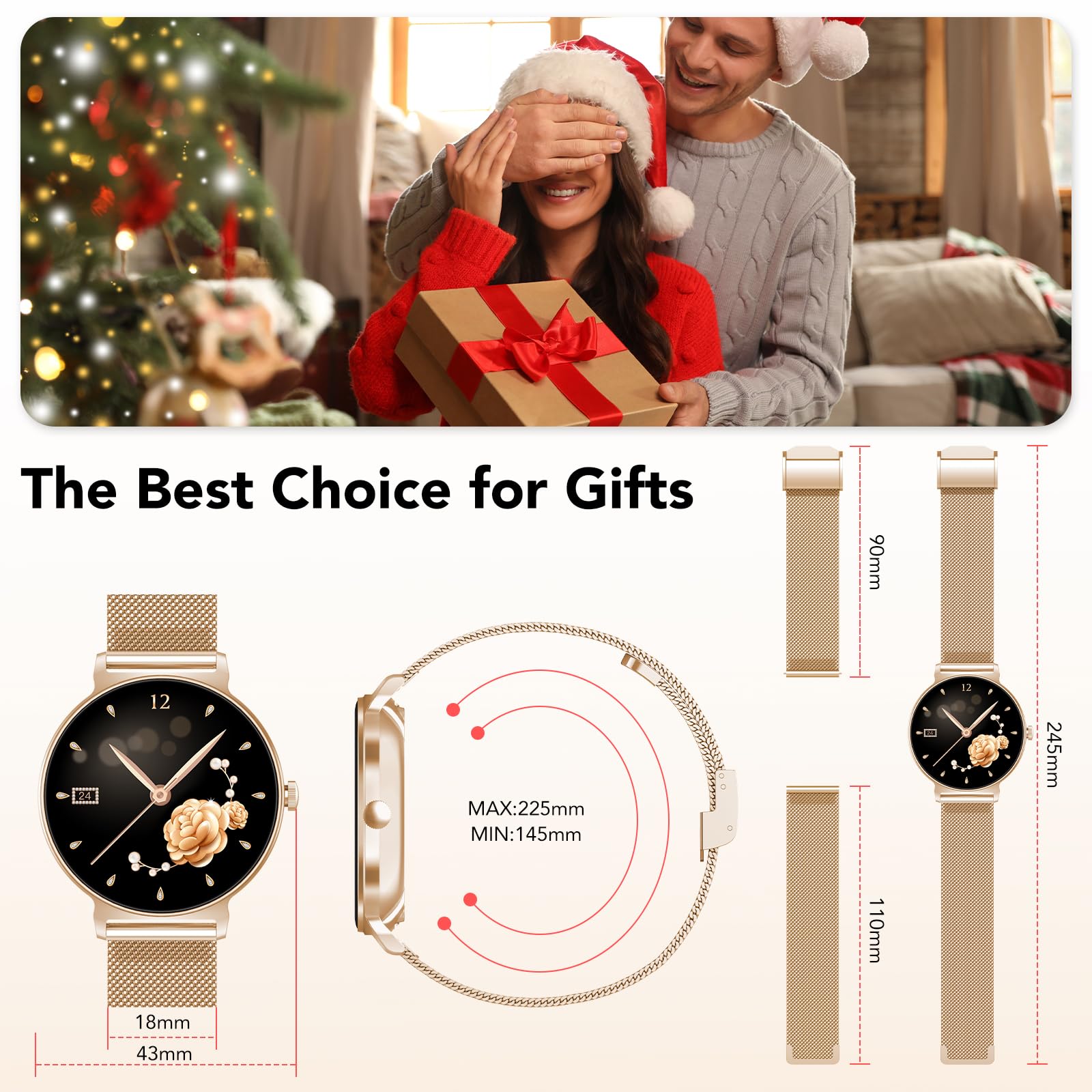 Montre Connectée Femme AMOLED 1,27 pouces HD, Smartwatch Bluetooth 5.4, Montre Intelligente Femme, 120+ Modes Sport, 200+ Cadrans, Suivi Santé 24 h (Sommeil, FC, SpO2), Compatible Android iOS, Or Rose