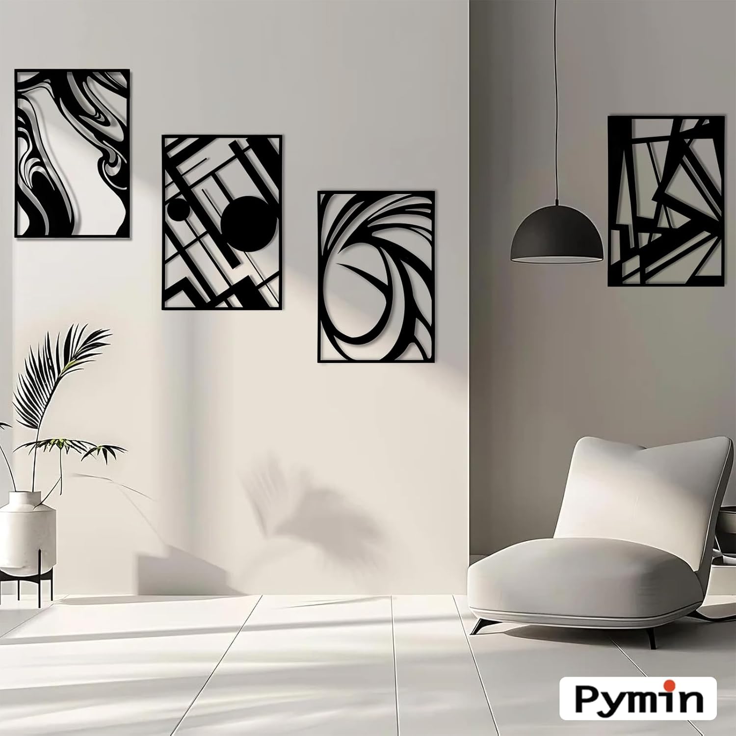 Pymin 4 Pack Modern Metal Abstract Wall Art, Minimalist Matte Black Single Line Art Décor, 3D Sculptures Textured Hanging Wall Home Decor and Shadow Effect Wall Decor for Living Room, 22.5x15.7