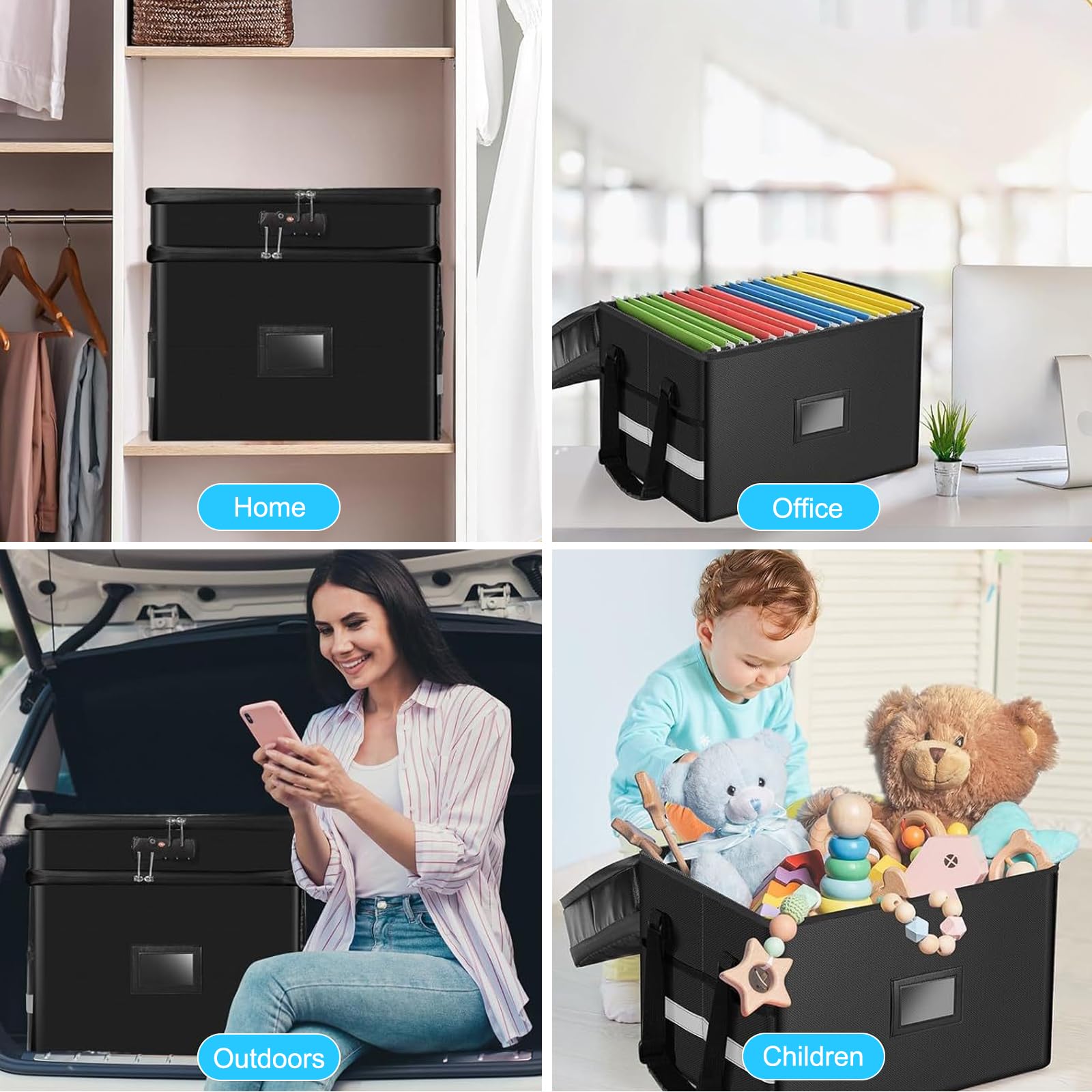 Boîte à documents ignifuge avec serrure 2 couches ignifuge et étanche avec bandes réfléchissantes pour la maison, le bureau, la voiture et les urgences
