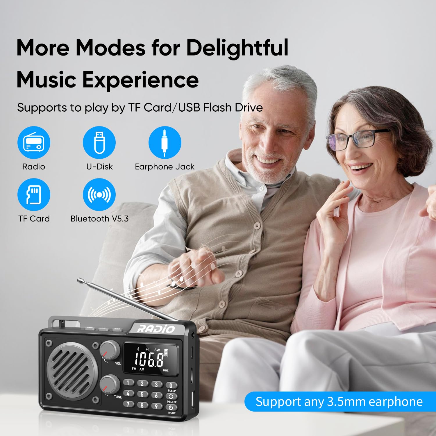 Radio Portátil Am/FM/SW con Bluetooth Pequeña Radio Recargable con Altavoz, Función Temporizadora y Puertos USB/TF/AUX para Cocina, Dormitorio y Exterior