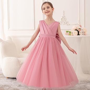 Elegant Princess midi Dress for Girls Detachable Bow, Perfect for Weddings, Graduations