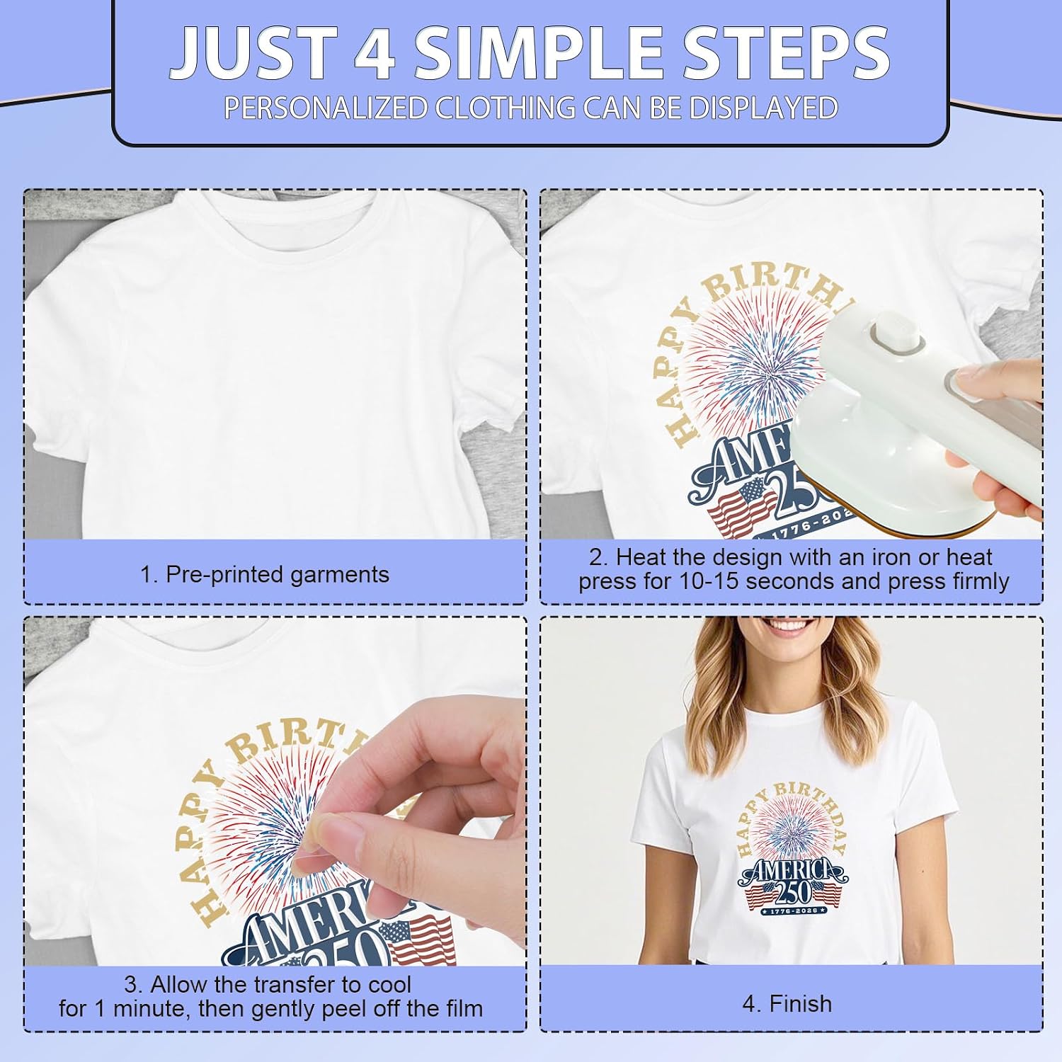 Dtf Transfers Ready to Press - 30 Pcs 250 Years American Anniversary Iron on Patches for T-Shirts, 250th Birthday Flag Iron on Stickers Heat Transfer Vinyl Decals for DIY Fabric Clothes Decor