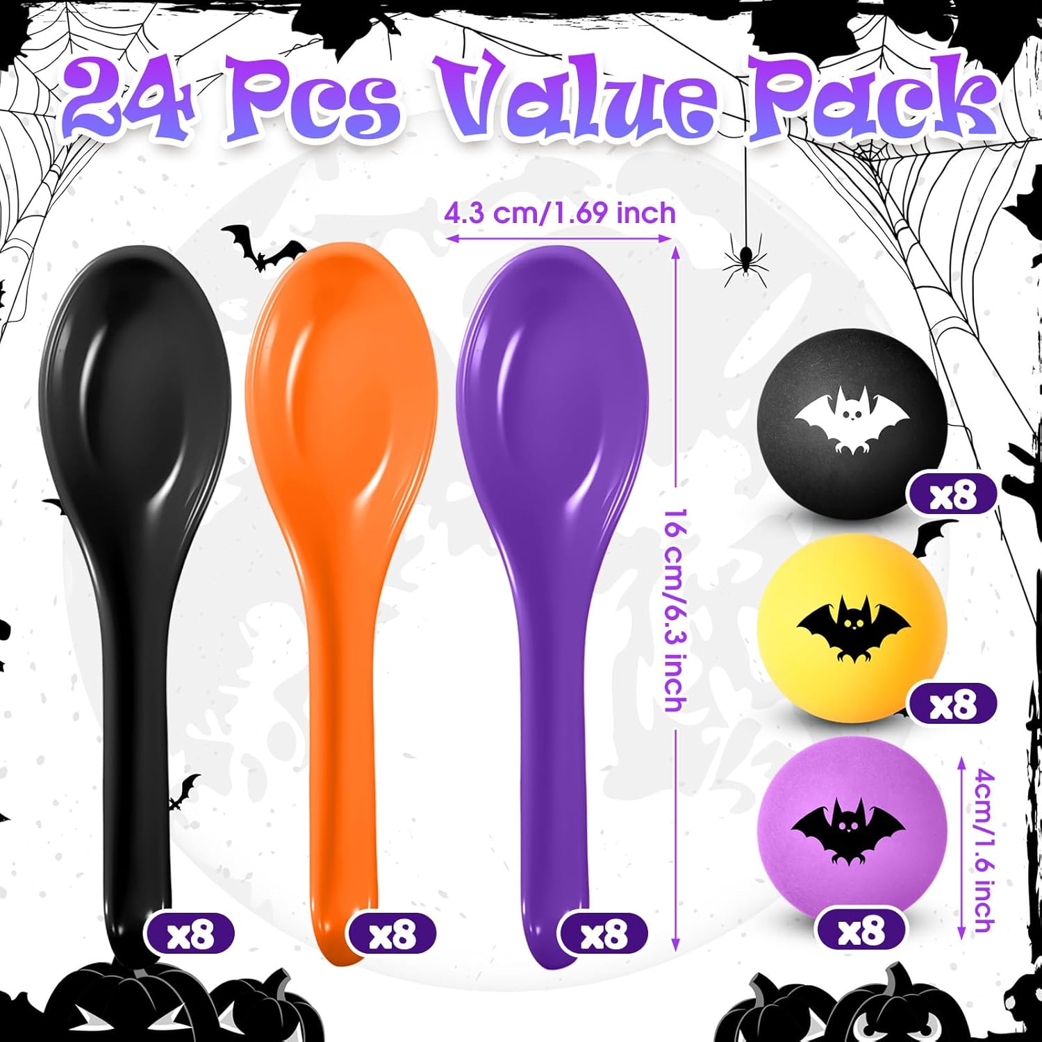 WinnerWhy 48 Pcs Halloween Spoon Game Set Pumpkin Face Egg and Spoon Race Funny Game for Halloween Party Favors Supplies Indoor Outdoor Activities(Purple,Bat)