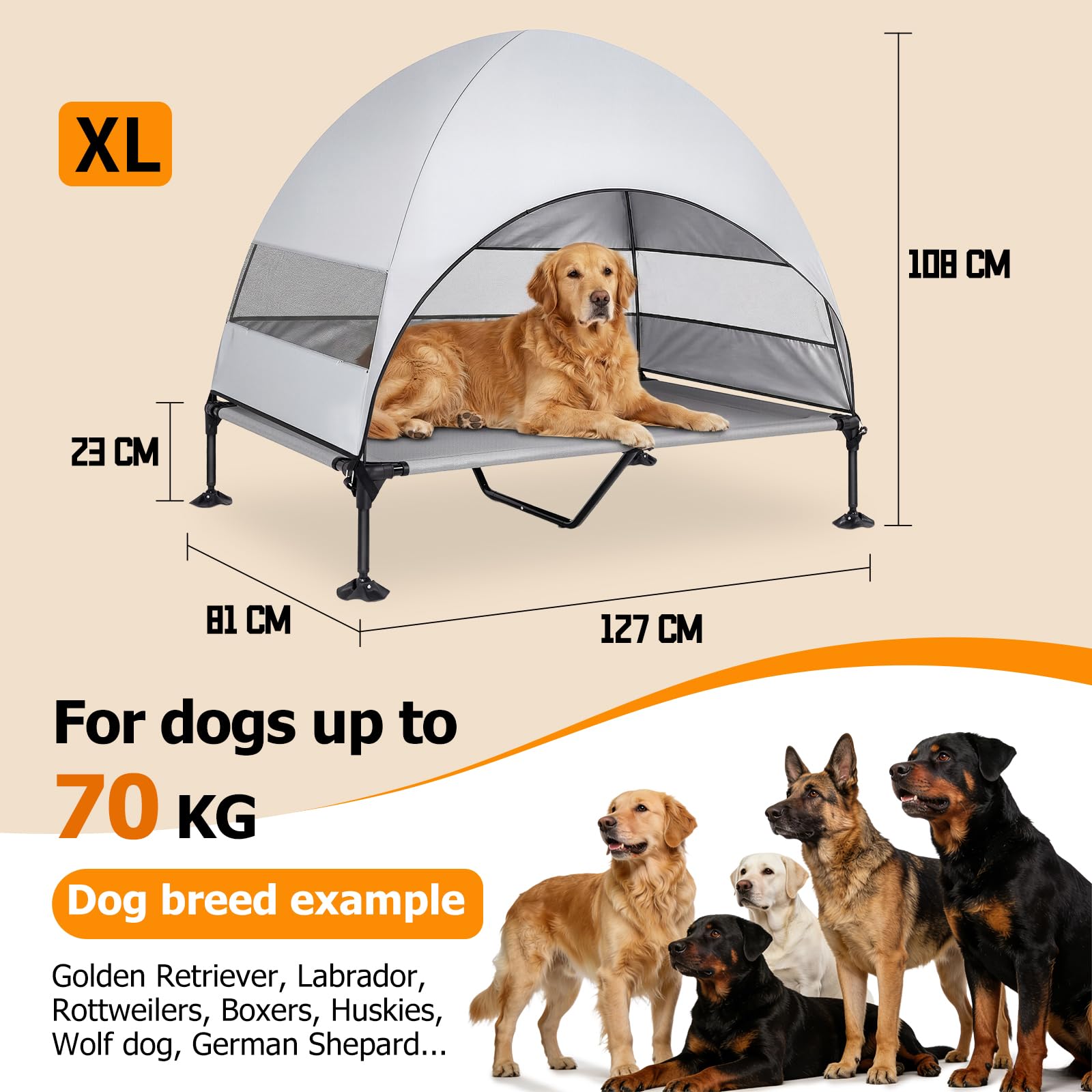 Hundebett mit Baldachin für große Hunde, Grau, 127 cm L x 81,3 cm B x 108 cm T