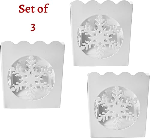 Miniatura 5 de Candelabros navideños de copo de nieve blanco  Juego de 3 con recortes de copo de nieve e inserciones de vidrio  Uso con velas reales o velas LED de