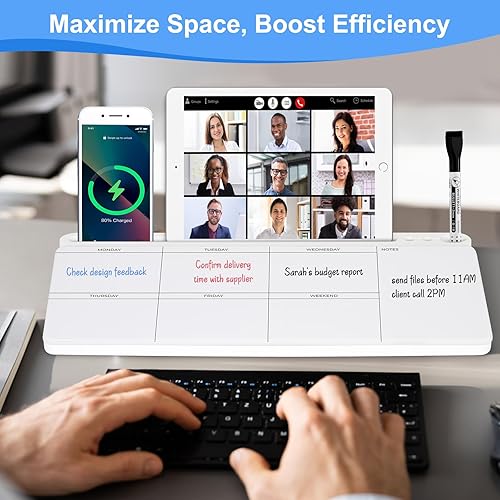 Miniatura 2 de Pizarra blanca de cristal de escritorio con almacenamiento, calendario semanal, pizarra blanca de borrado en seco, organizadores de escritorio y