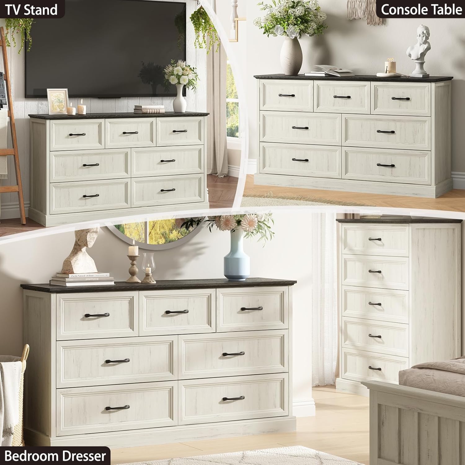 Farmhouse 7 Drawer Dresser for Bedroom, 55 Inch Wide Modern White Dresser TV Stand with Large Drawers & Bar Handles, Rustic Wood Chest of Drawers for Bedroom, Living Room