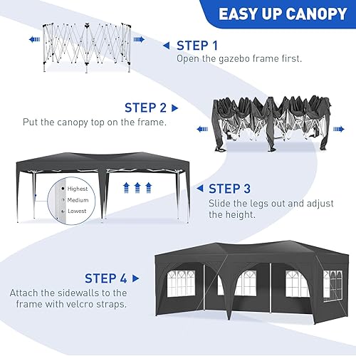 Vista 13 de Tienda de campaña desplegable de 10 x 20 pies con paredes laterales, tienda de campaña resistente al aire libre con 4 bolsas de arena y bolsa
