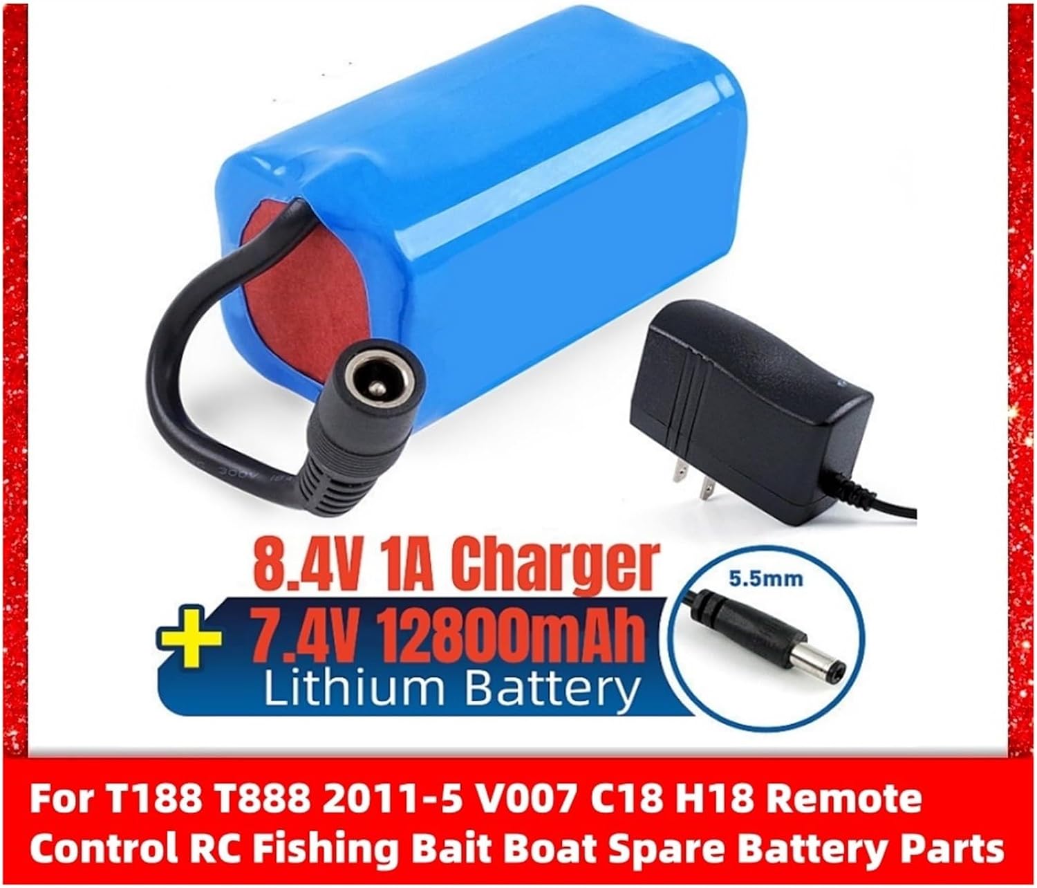 7.4V 19800mAh Battery with USB Charger for T188 T888 2011-5 V007 C18 H18 Remote Control RC Fishing Bait Boat Spare Battery Parts(1x Battery1xCharger)