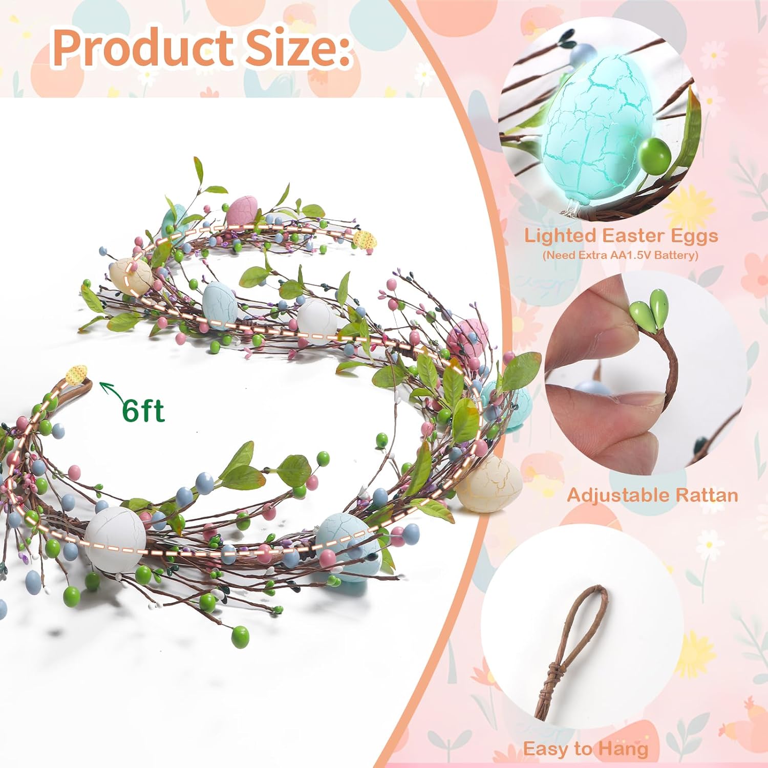 2Pcs Easter Garlands for Mantel, 6FT Lighted Eggs Spring Garland Gorgeous Table Centerpiece, Colorful Eggs & Berries Garland for Easter Decorations.