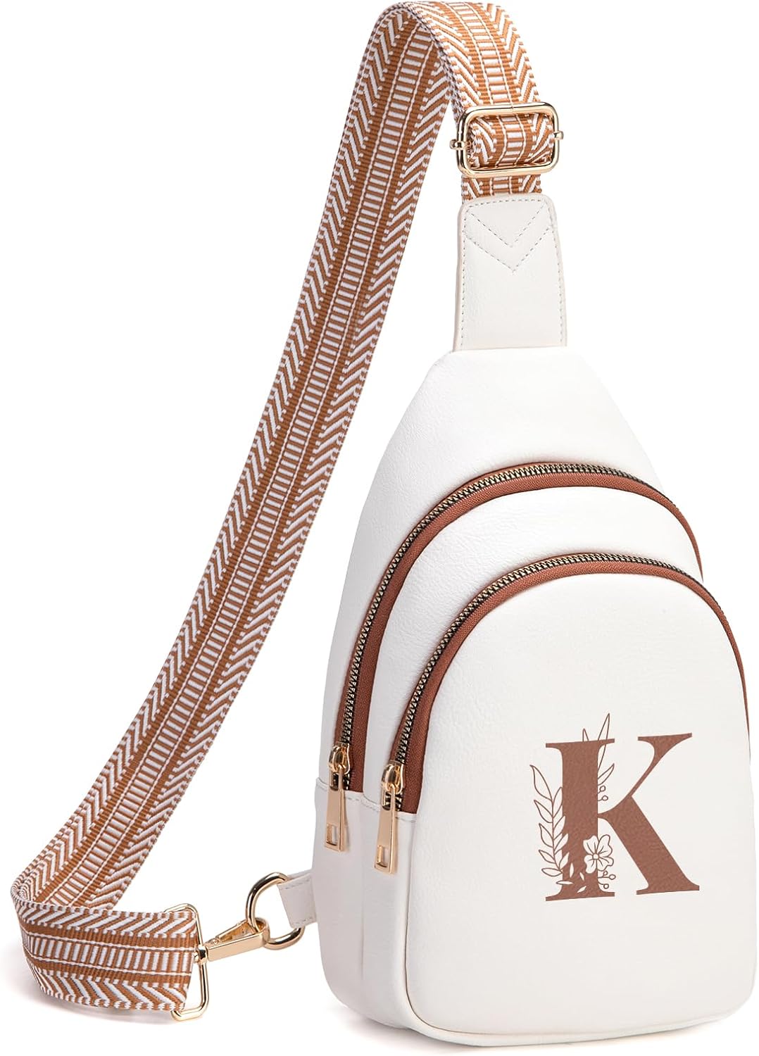 Personalized Gifts for Women Initial Sling Bag PU Leather Crossbody Bags for Women Fanny Pack Cross Body Chest Bag for Travel (Beige with Brown-K)