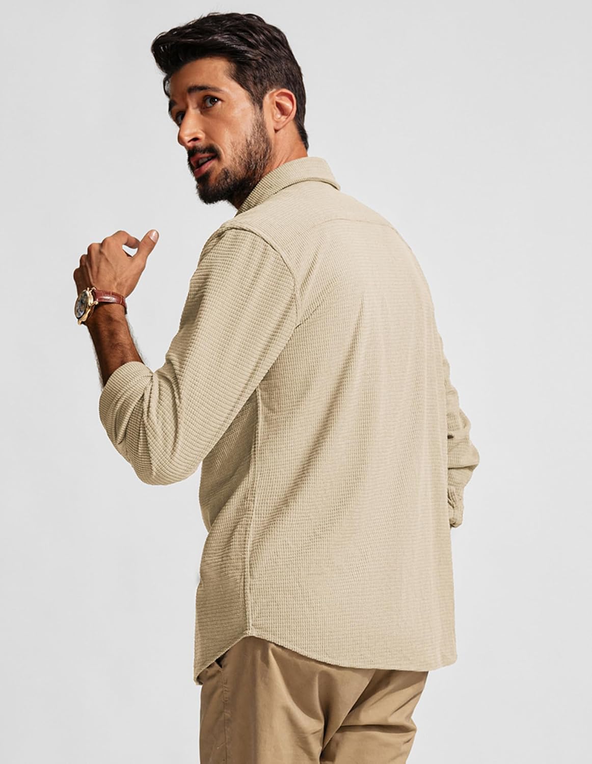 PJ PAUL JONES Men's Button Down Shirt Texture Wrinkle Free Shirts Long Sleeve Waffle Untucked Shirt - Image 3