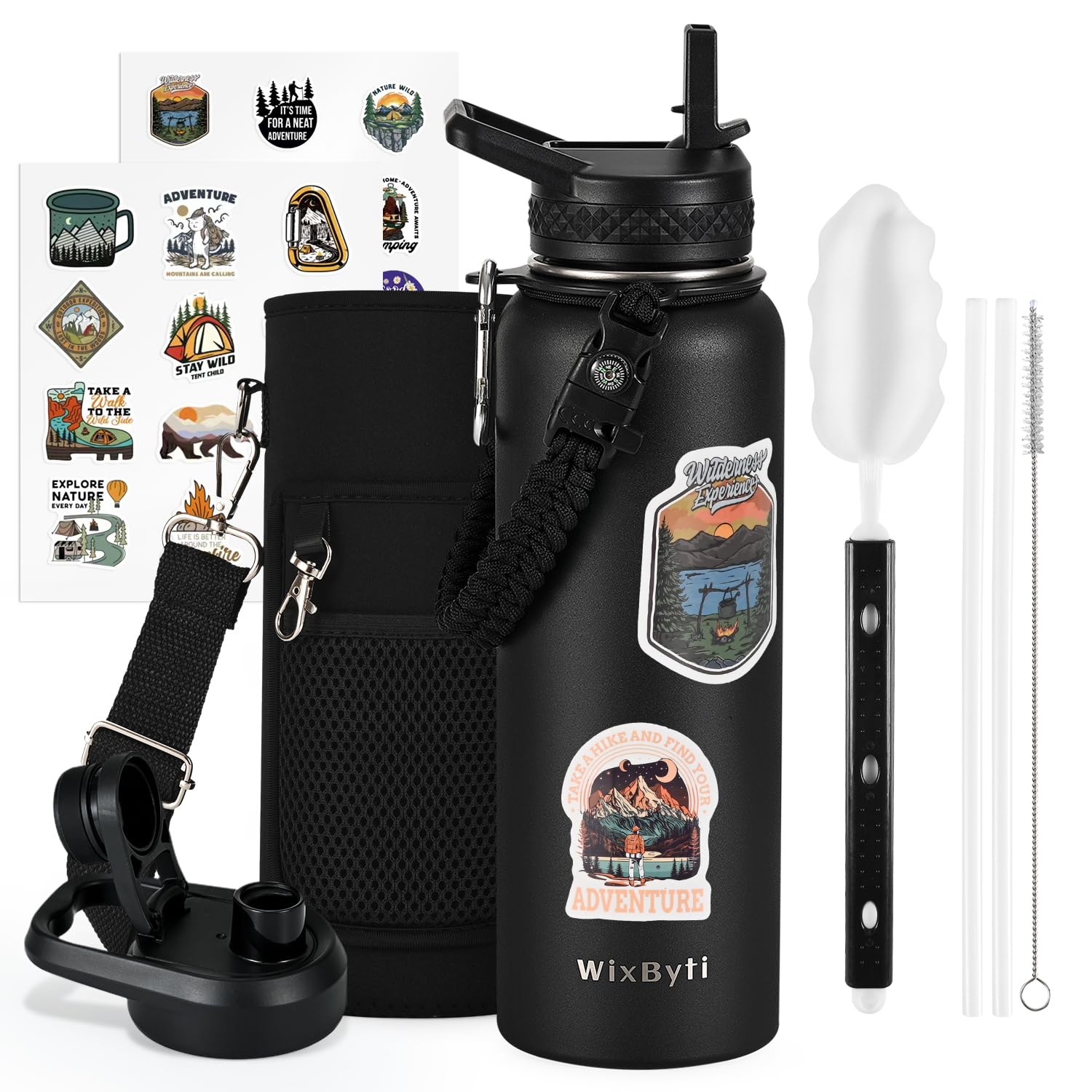 40 oz Insulated Water Bottle with Straw (Cold for 48 Hrs), Stainless Steel Triple Wall Vacuum Sports Water Jug, Leakproof Hydro Cup Flask with Paracord Handle & Straw Spout Lids & DIY Stickers