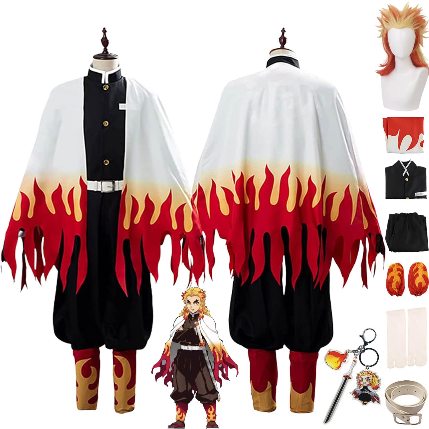 bbganlian Anime Character Rengoku Kyoujurou Cosplay Costume Outfit Kochou Shinobu Role Play Uniform Full Set Halloween Party Carnival Dress Up Suit with Wig for Men (L)