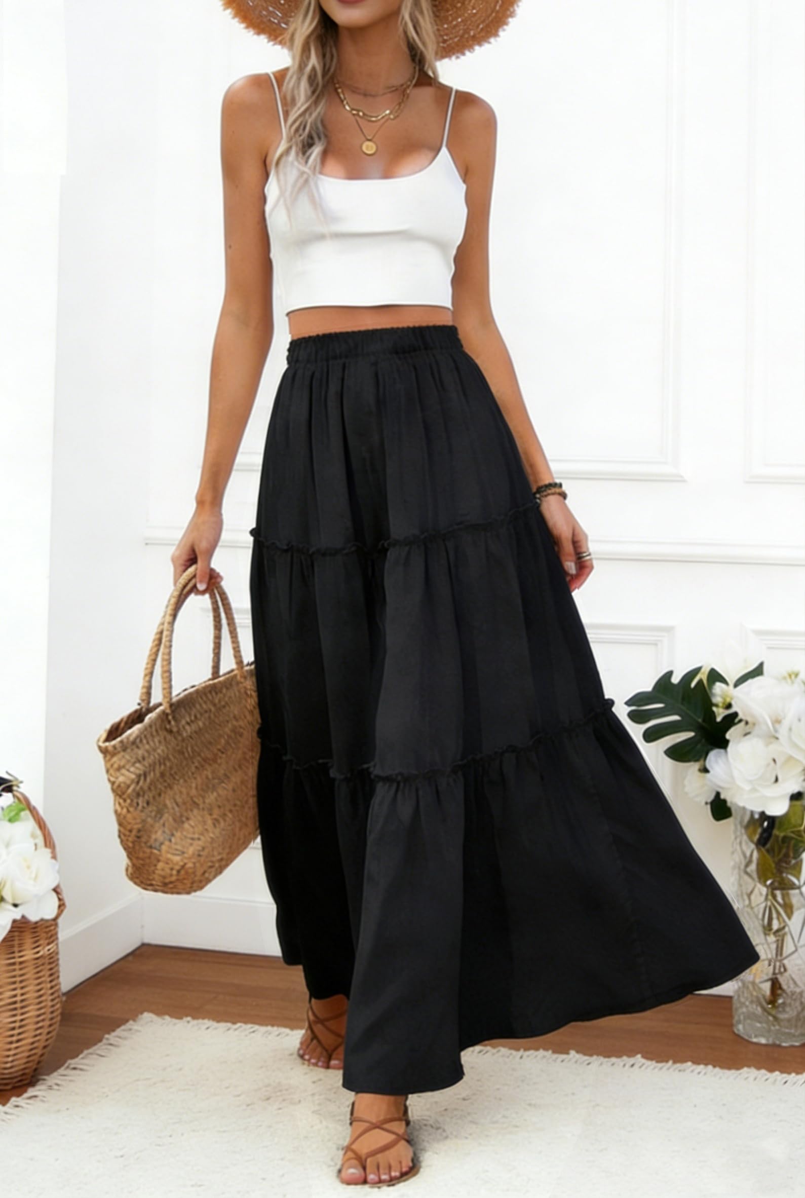 Gonna Lunga Casual da Donna Gonne Donna Elegante Vita Alta Boho Floreale Skirt da Spiaggia A-Line Gonne Elastiche con Tasche Estiva