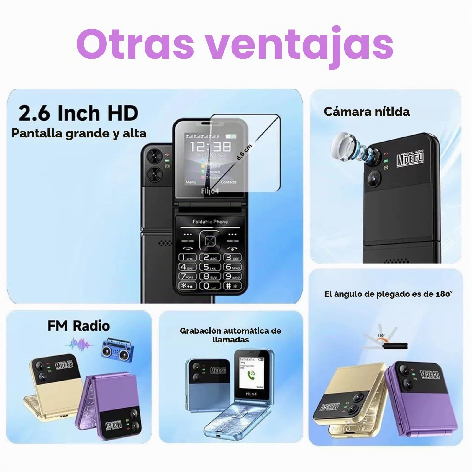 Teléfono Móvil para Personas Mayores con Tapa, Diseño con Tapa, Pantalla Dual, Botones Grandes, Marcación Rápida, Sonido Claro, Cámara HD, Linterna LED (Purple)