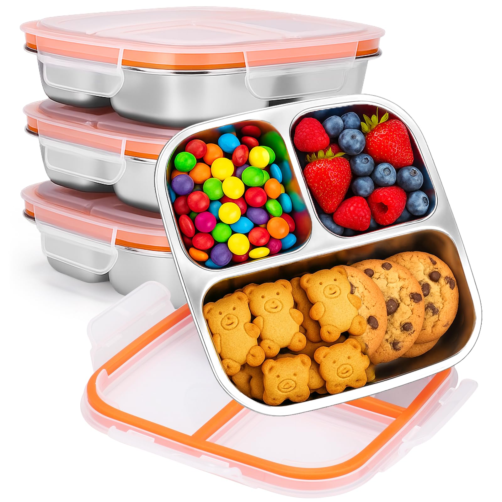 Palksky Snackle Box Container Stainless Steel, 4Pack Reusable Snack Bento Box with Lids, 3 Compartments Metal Food Storage Containers for Picnic, Travel