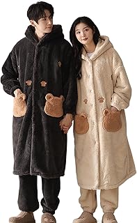 [TYYRBMG] ペアパジャマ ルームウェア レディース メンズ バスローブ 上下セット ガウン 2点セット お揃い 長ズボン 可愛い 前開き ふわふわ 暖かい 厚手 カップル 寝巻き ロング丈 冬用 部屋着 寝間着 M-3XL